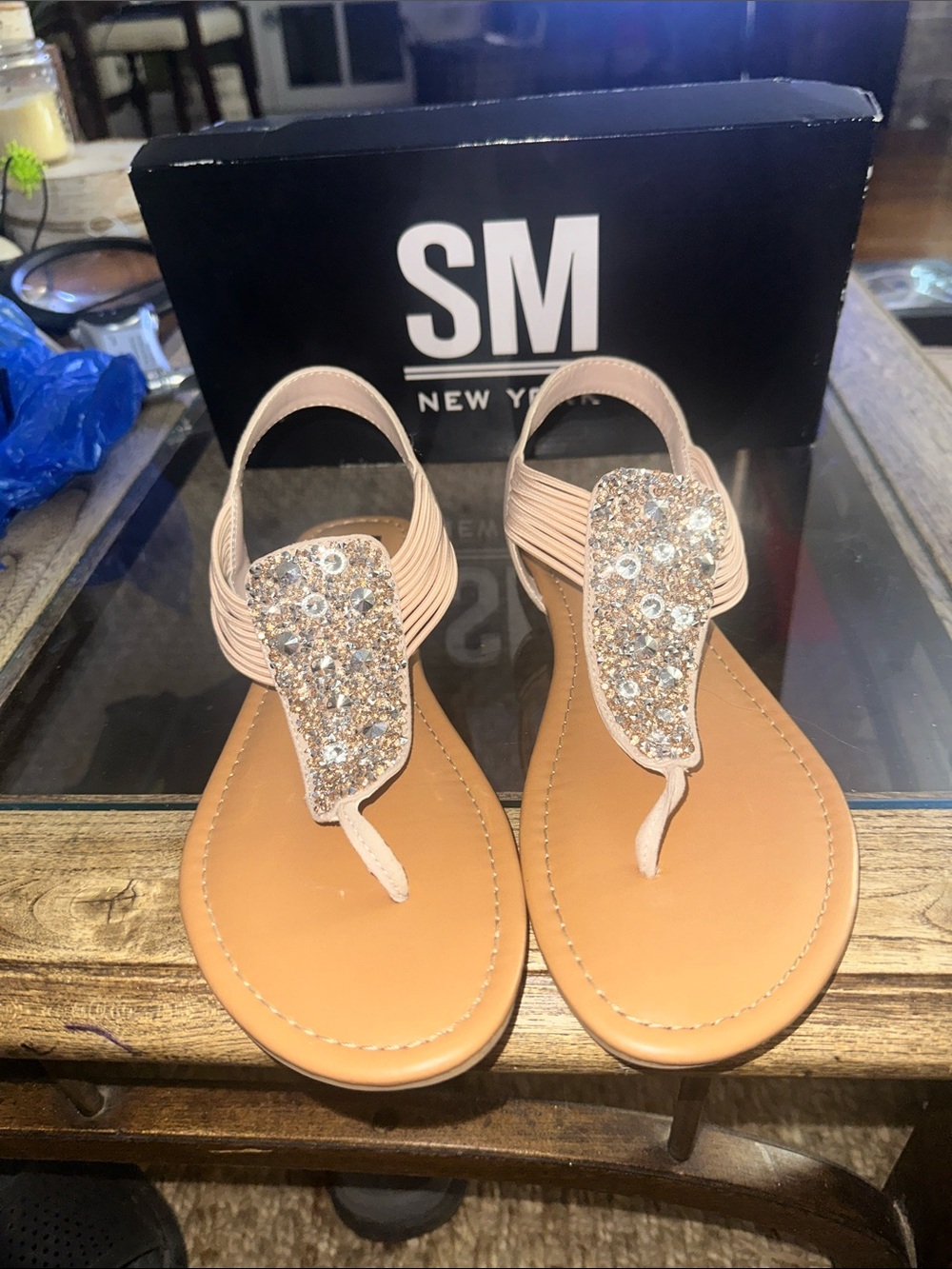 SM New York Nude Beaded Thong Sandals with Crystal Accents